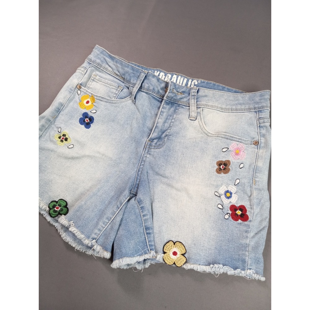 Hydraulic Womens Floral Embroidered Denim Shorts Light Wash Frayed Hem Size 10